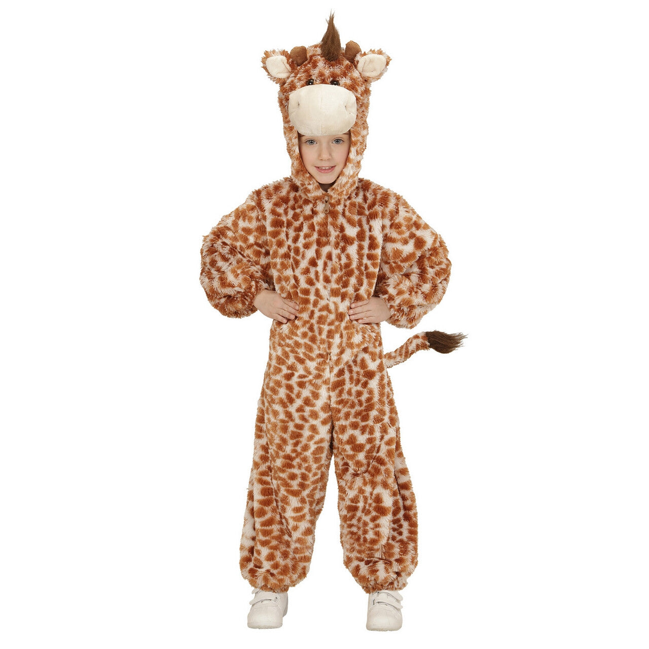 Op deze afbeelding zie je een Kostuums, van het merk Widmann. Jumpsuit Met Kap En Masker 98 Centimeter Eindeloos Lange Giraf Kind Kostuum