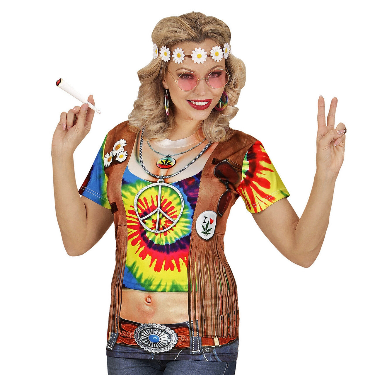 Op deze afbeelding zie je een Kostuums, van het merk Widmann. T-Shirt Hippie Helen High Vrouw