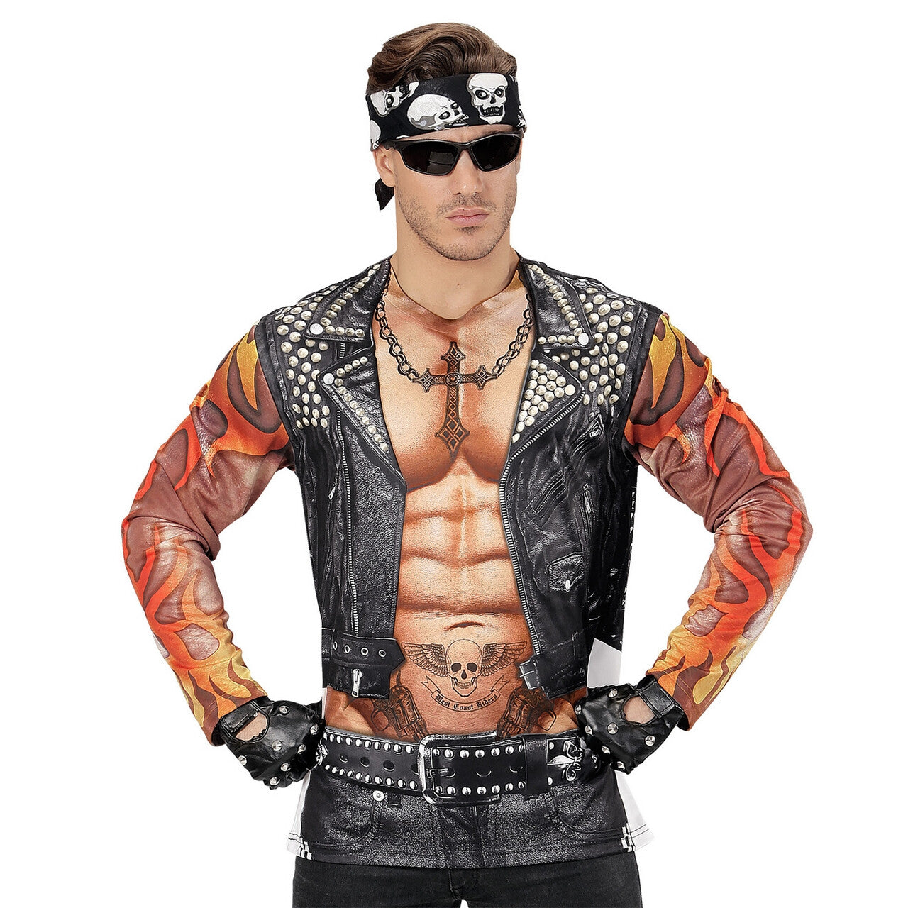 Op deze afbeelding zie je een Kostuums, van het merk Widmann. Lange Mouwen Rocker / Biker Tattoo T-Shirt Man