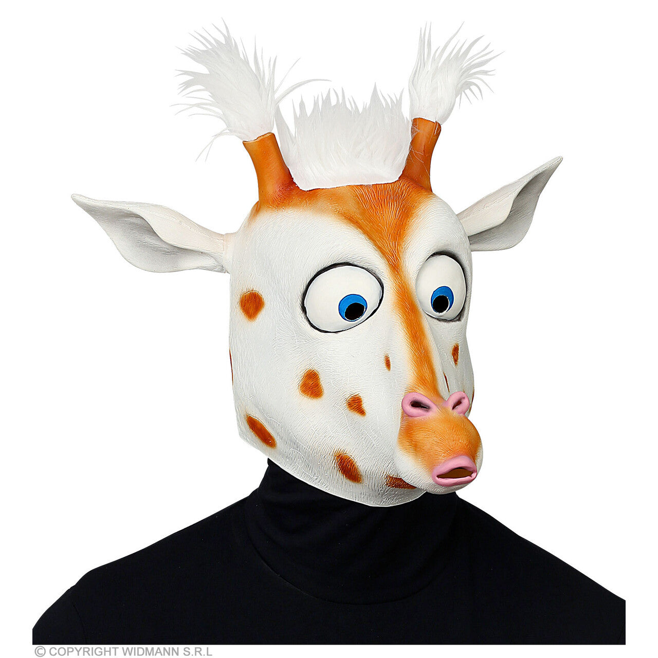 Op deze afbeelding zie je een Accessoires, van het merk Widmann. Scheel Kijkende Giraffe Masker Met Pluche Haartjes