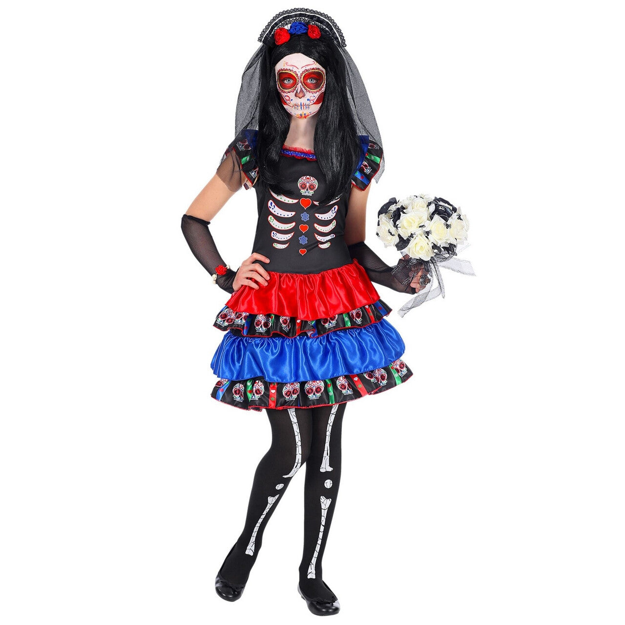 Op deze afbeelding zie je een Kostuums, van het merk Widmann. Dia De Los Muertos Graf Dame Meisje Kostuum