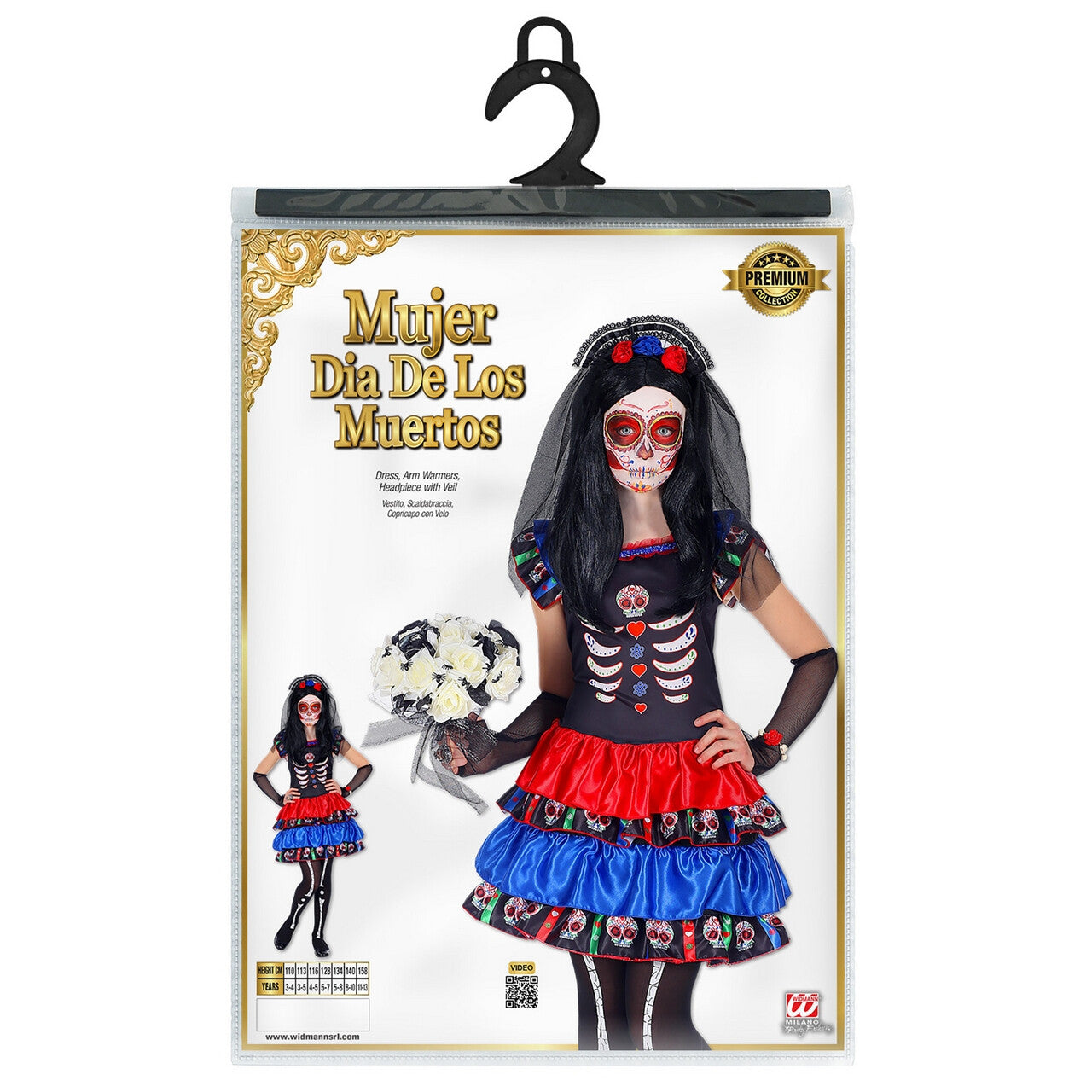 Op deze afbeelding zie je een Kostuums, van het merk Widmann. Dia De Los Muertos Graf Dame Meisje Kostuum