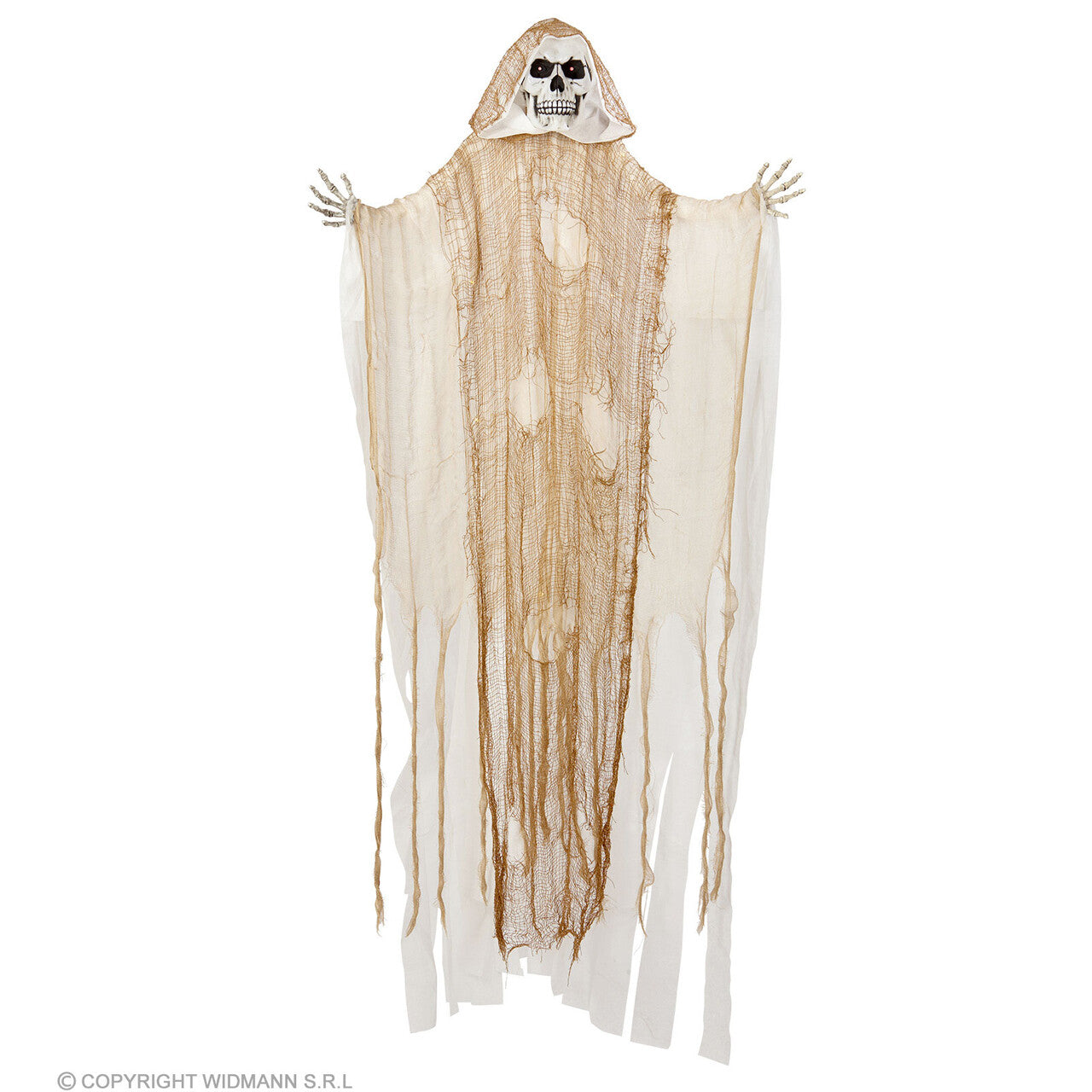Op deze afbeelding zie je een Decoratie, van het merk Widmann. Hangende Magere Hein Spook Met Lichtjes 170 Centimeter
