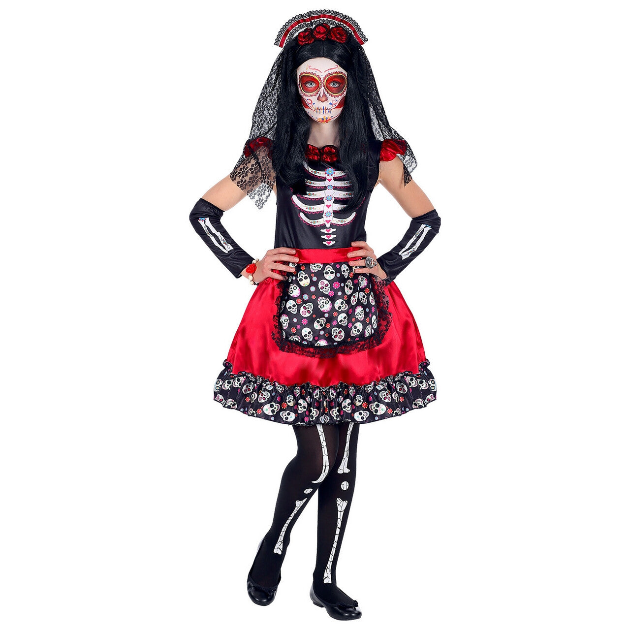 Op deze afbeelding zie je een Kostuums, van het merk Widmann. Rood Zwarte Maria Dia De Los Muertos Met Witte Botten Print Meisje Kostuum