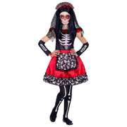 Op deze afbeelding zie je een Kostuums, van het merk Widmann. Rood Zwarte Maria Dia De Los Muertos Met Witte Botten Print Meisje Kostuum