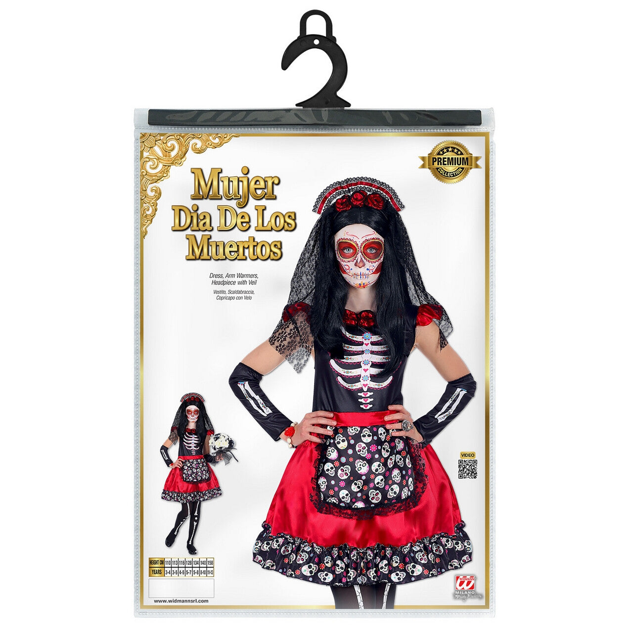 Op deze afbeelding zie je een Kostuums, van het merk Widmann. Rood Zwarte Maria Dia De Los Muertos Met Witte Botten Print Meisje Kostuum
