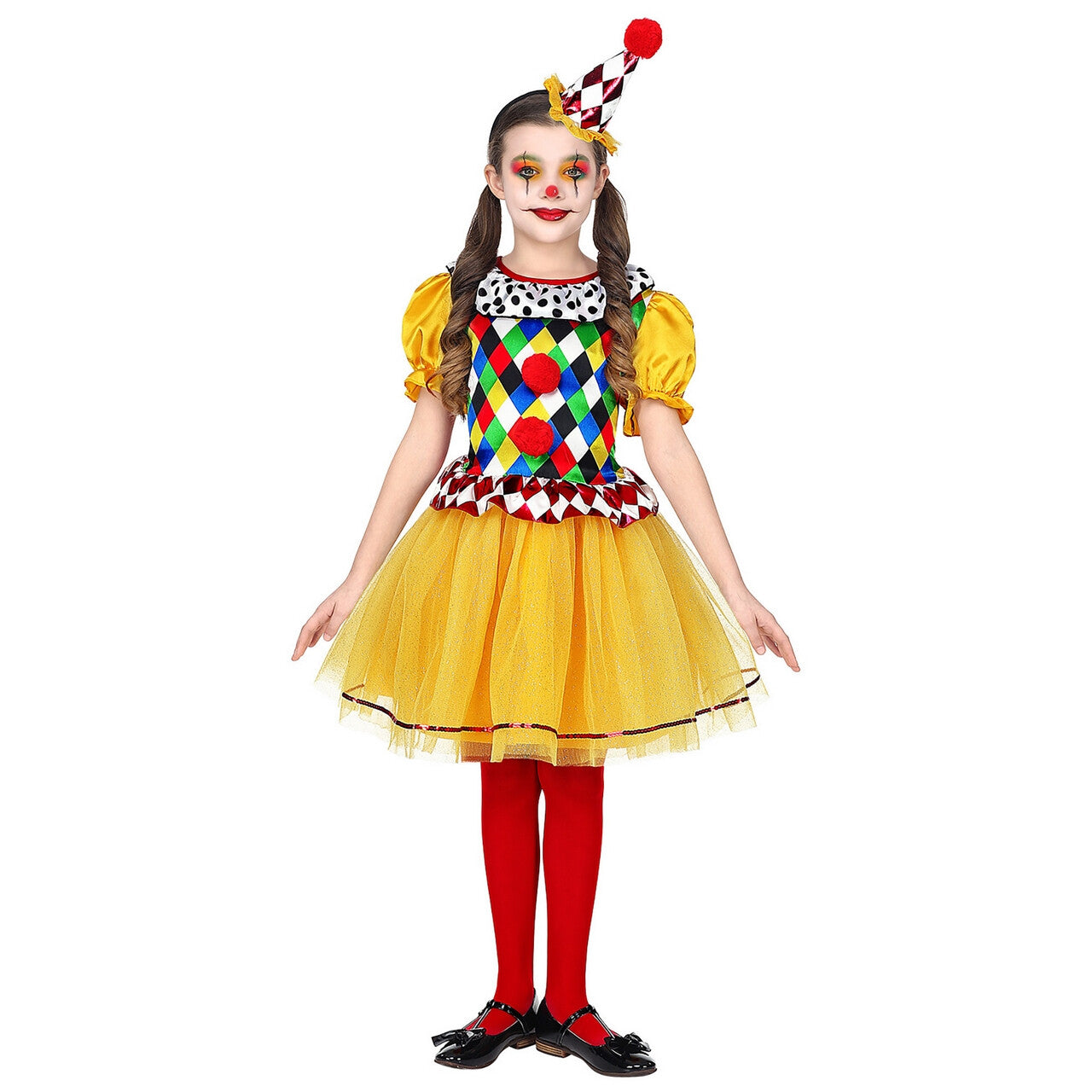 Op deze afbeelding zie je een Kostuums, van het merk Widmann. Jolige Clown Vrolijke Kleuren Meisje Kostuum