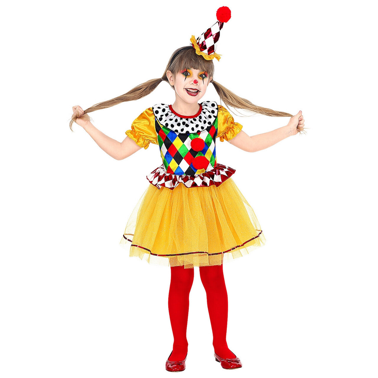 Op deze afbeelding zie je een Kostuums, van het merk Widmann. Jolige Clown Vrolijke Kleuren Meisje Kostuum