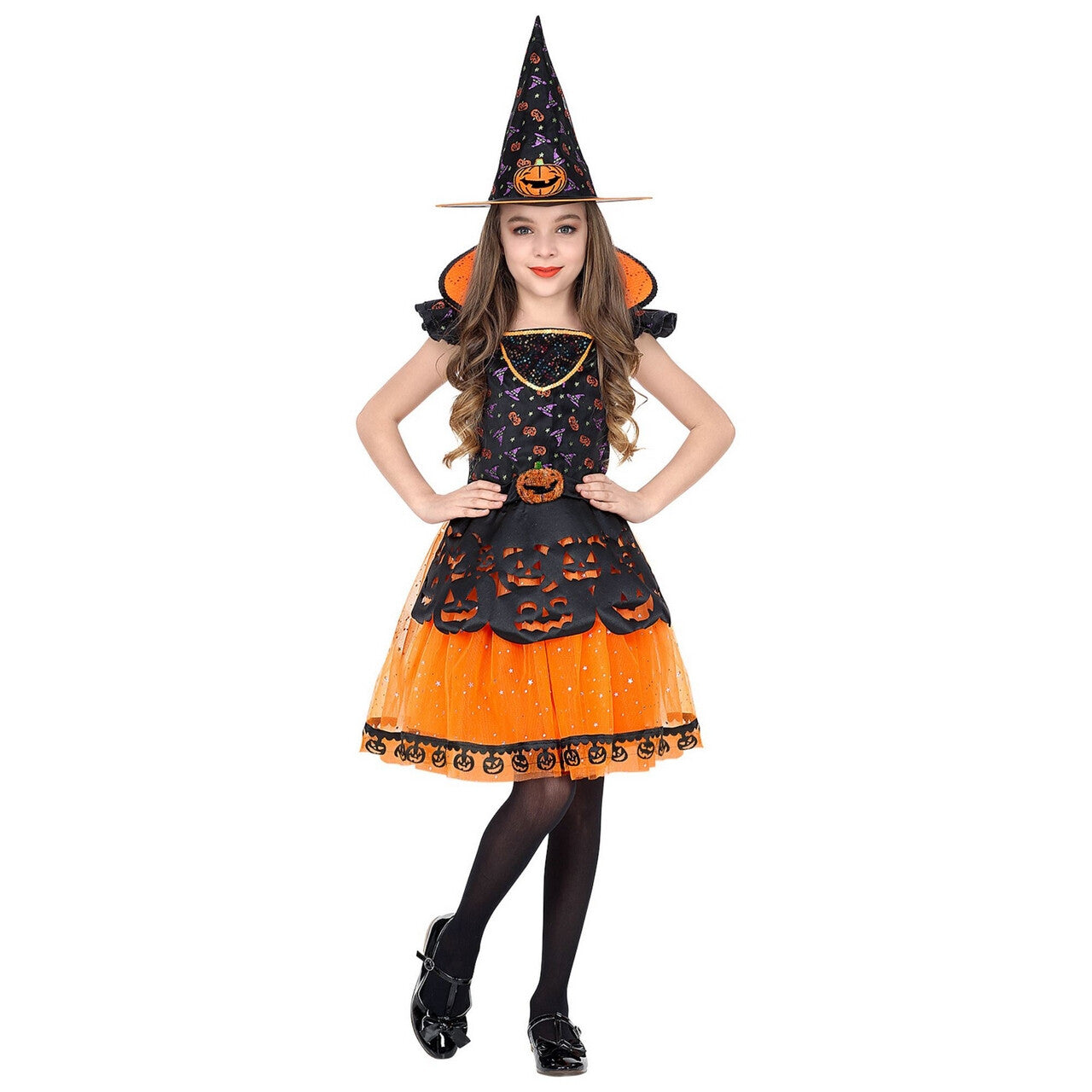 Op deze afbeelding zie je een Kostuums, van het merk Widmann. Pompoen Heks Halloween Meisje Kostuum
