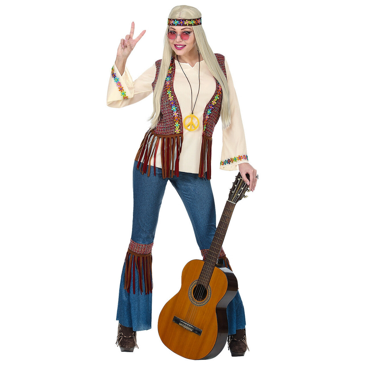 Op deze afbeelding zie je een Kostuums, van het merk Widmann. Flower Hippie Vrede Vrouw Kostuum