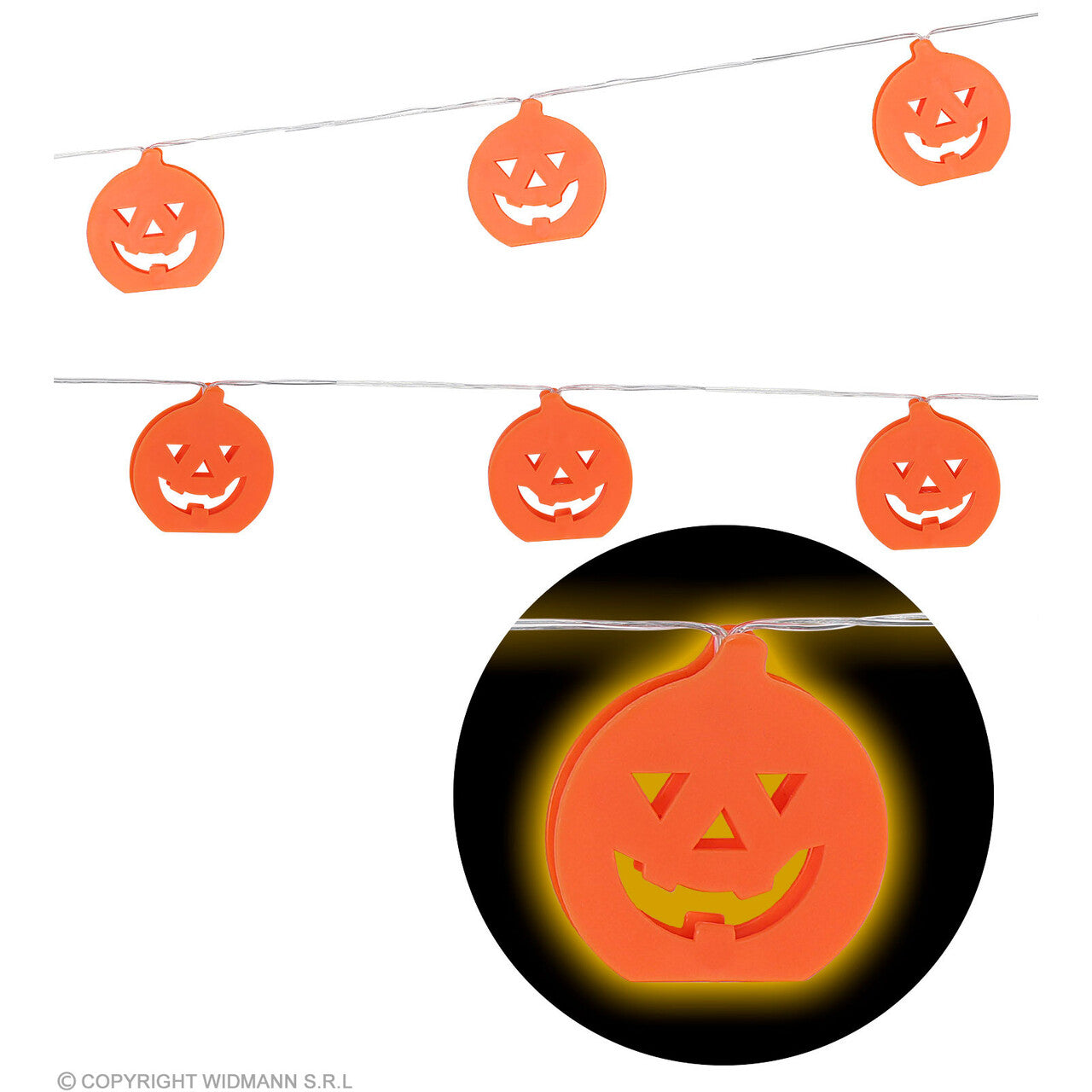 Op deze afbeelding zie je een Decoratie, van het merk Widmann. Lichtsnoer Met Pompoenen 2,5 Meter 10 Lampjes Op Batterij