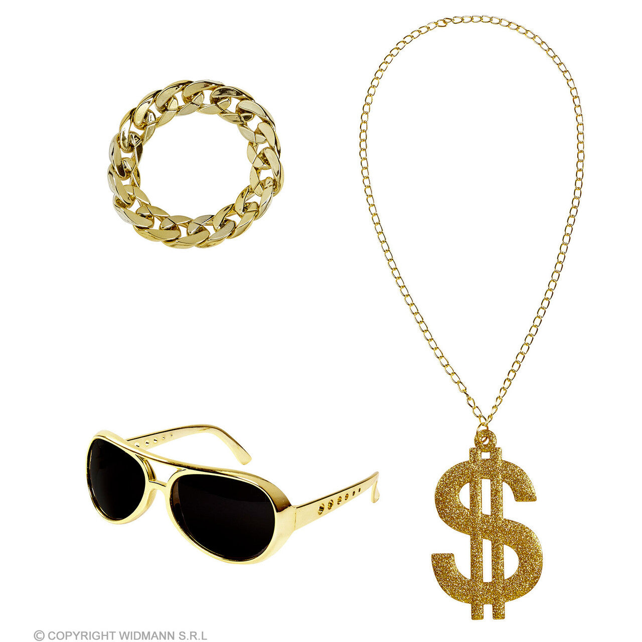 Op deze afbeelding zie je een Accessoires, van het merk Widmann. Foute Gouden Rapper Set Zonnebril, Ketting, Armband
