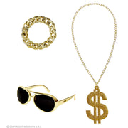 Op deze afbeelding zie je een Accessoires, van het merk Widmann. Foute Gouden Rapper Set Zonnebril, Ketting, Armband