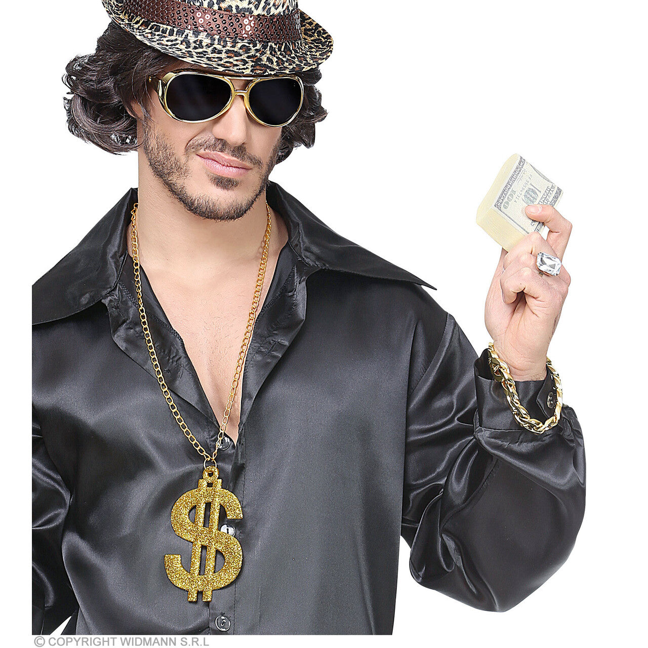 Op deze afbeelding zie je een Accessoires, van het merk Widmann. Foute Gouden Rapper Set Zonnebril, Ketting, Armband