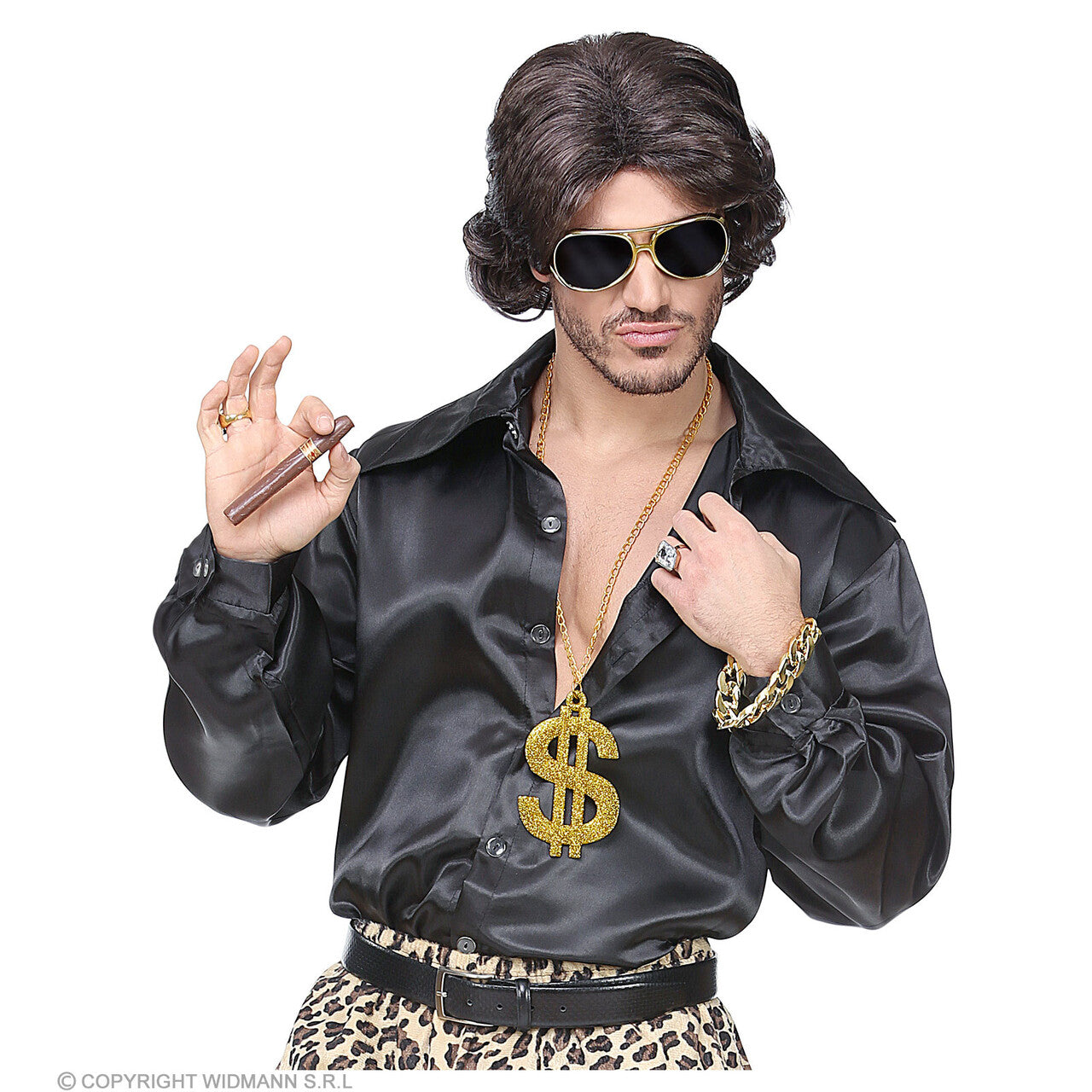 Op deze afbeelding zie je een Accessoires, van het merk Widmann. Foute Gouden Rapper Set Zonnebril, Ketting, Armband