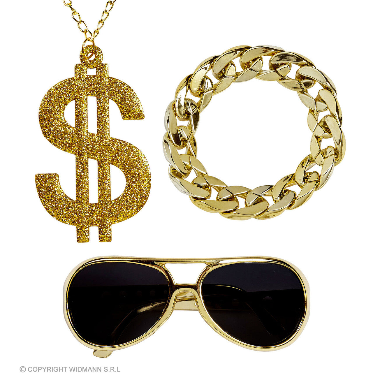 Op deze afbeelding zie je een Accessoires, van het merk Widmann. Foute Gouden Rapper Set Zonnebril, Ketting, Armband