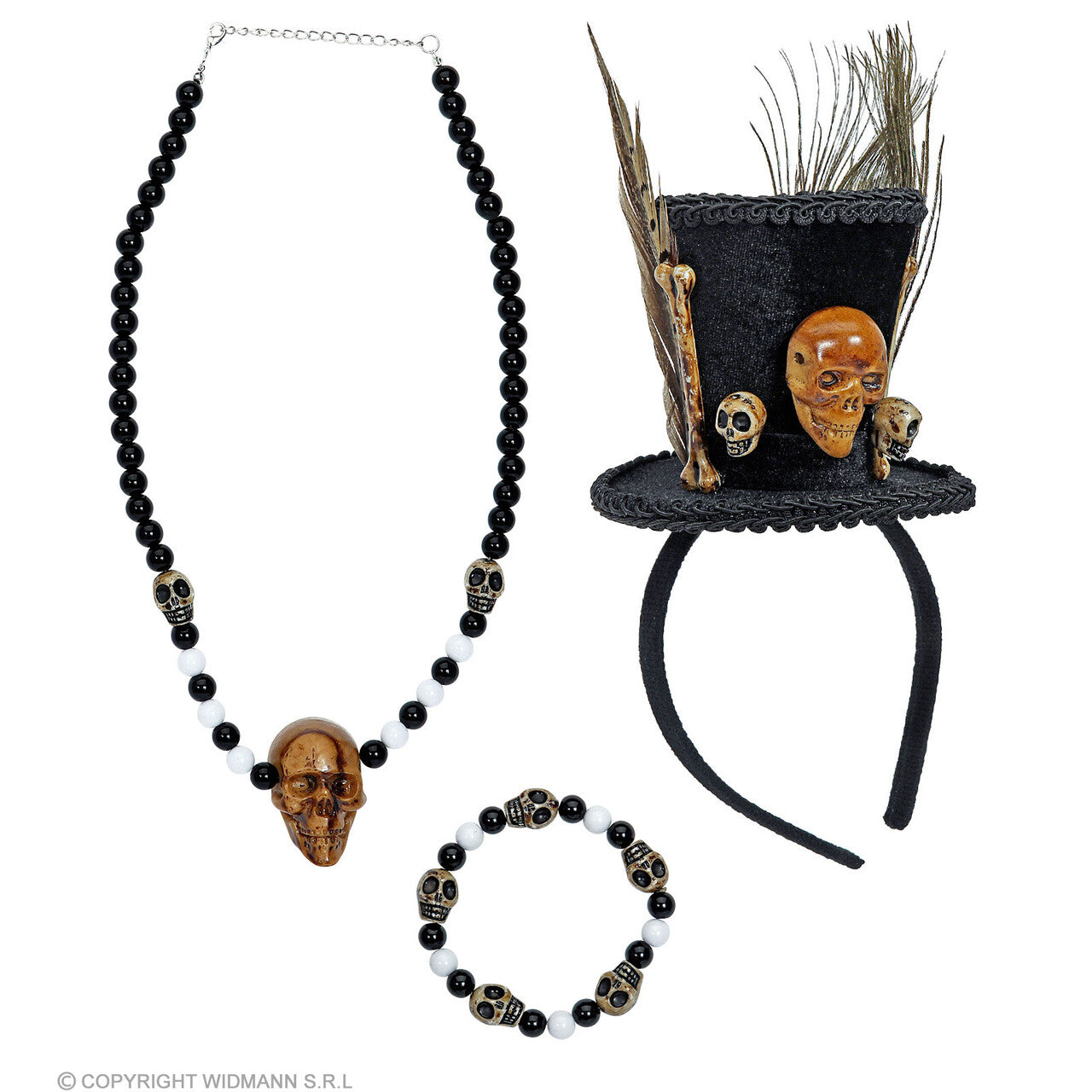 Op deze afbeelding zie je een Accessoires, van het merk Widmann. Voodoo Priester Set Hoed, Ketting, Armband