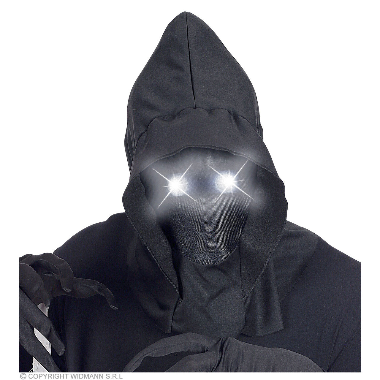 Op deze afbeelding zie je een Accessoires, van het merk Widmann. Masker Beul Met Kap En Lichtgevende Witte Ogen