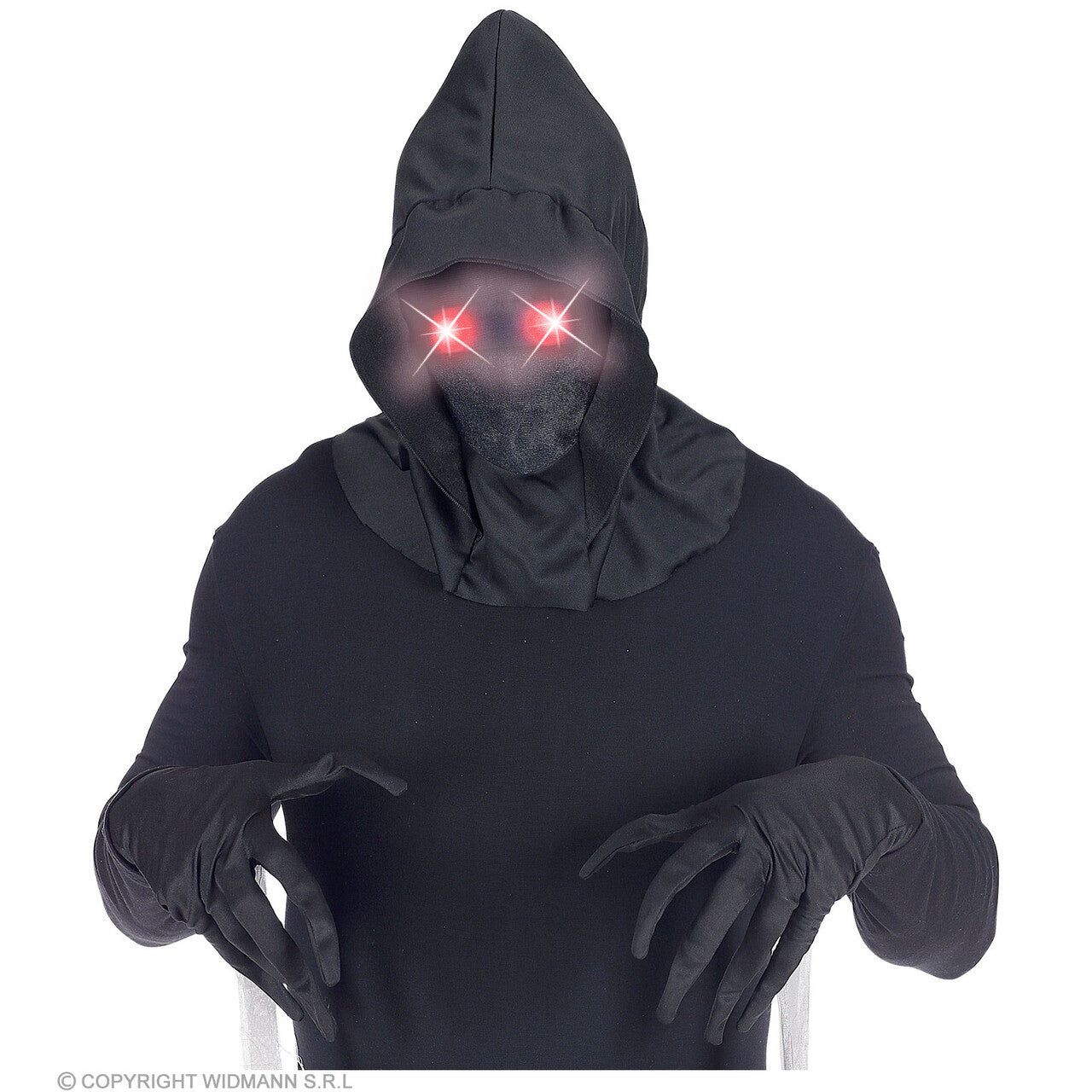 Op deze afbeelding zie je een Accessoires, van het merk Widmann. Masker Beul Met Kap En Lichtgevende Rode Ogen