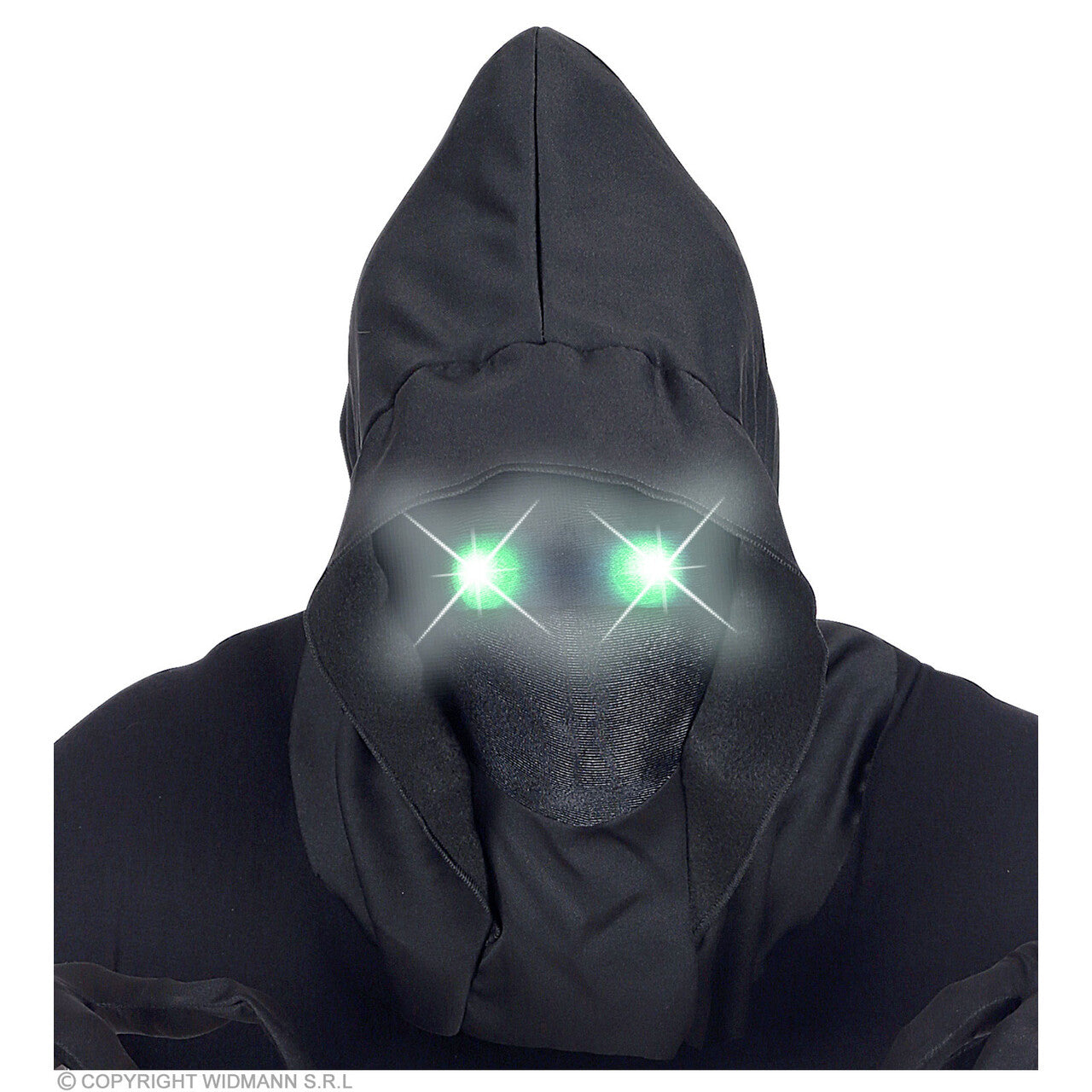 Op deze afbeelding zie je een Accessoires, van het merk Widmann. Masker Beul Met Kap En Lichtgevende Groene Ogen