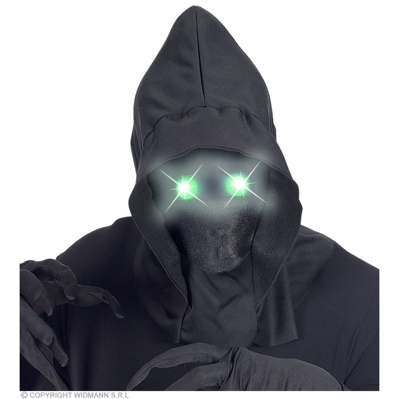 Op deze afbeelding zie je een Accessoires, van het merk Widmann. Masker Beul Met Kap En Lichtgevende Groene Ogen
