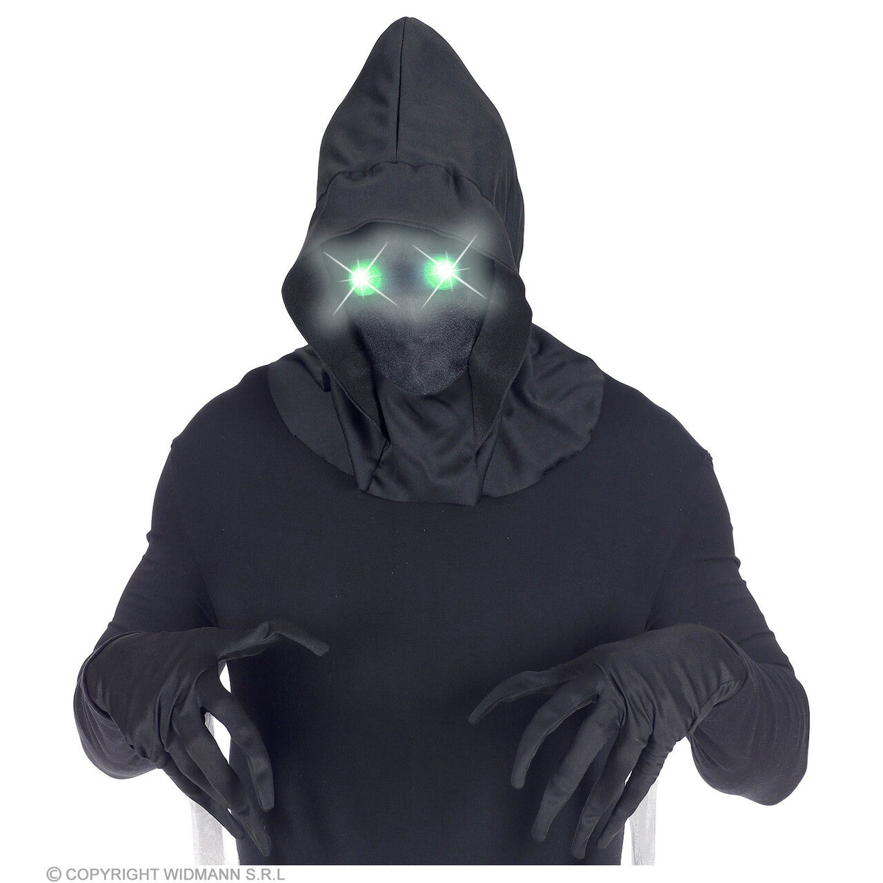 Op deze afbeelding zie je een Accessoires, van het merk Widmann. Masker Beul Met Kap En Lichtgevende Groene Ogen