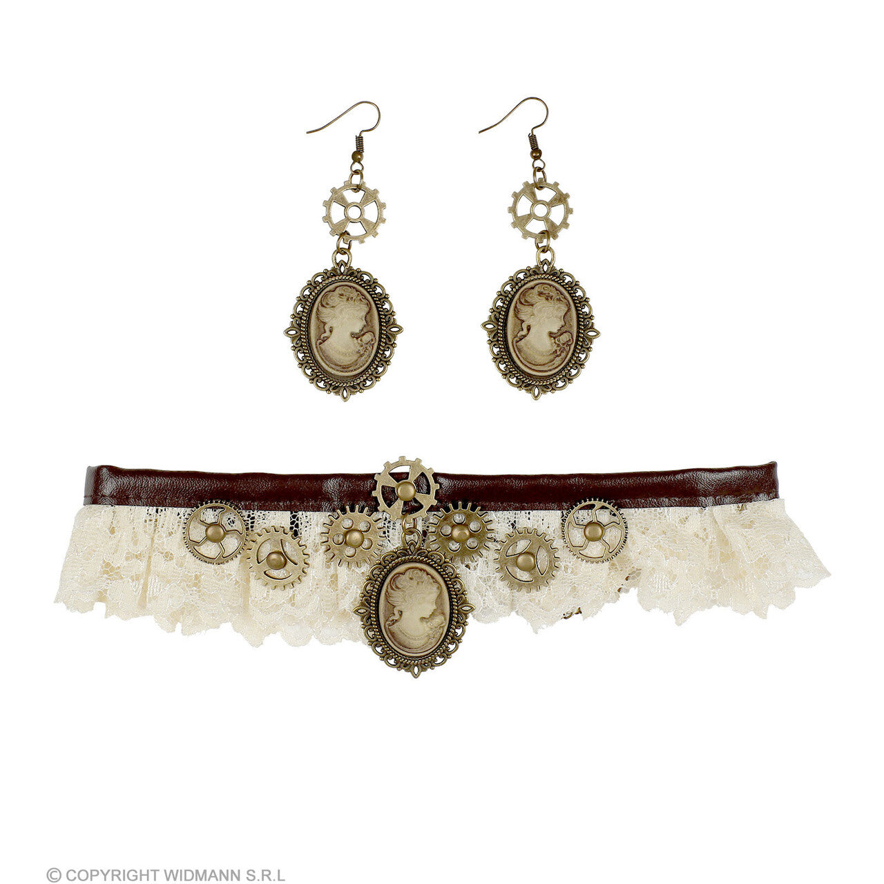 Op deze afbeelding zie je een Accessoires, van het merk Widmann. Steampunk Choker Kant Met Camee Oorbellen