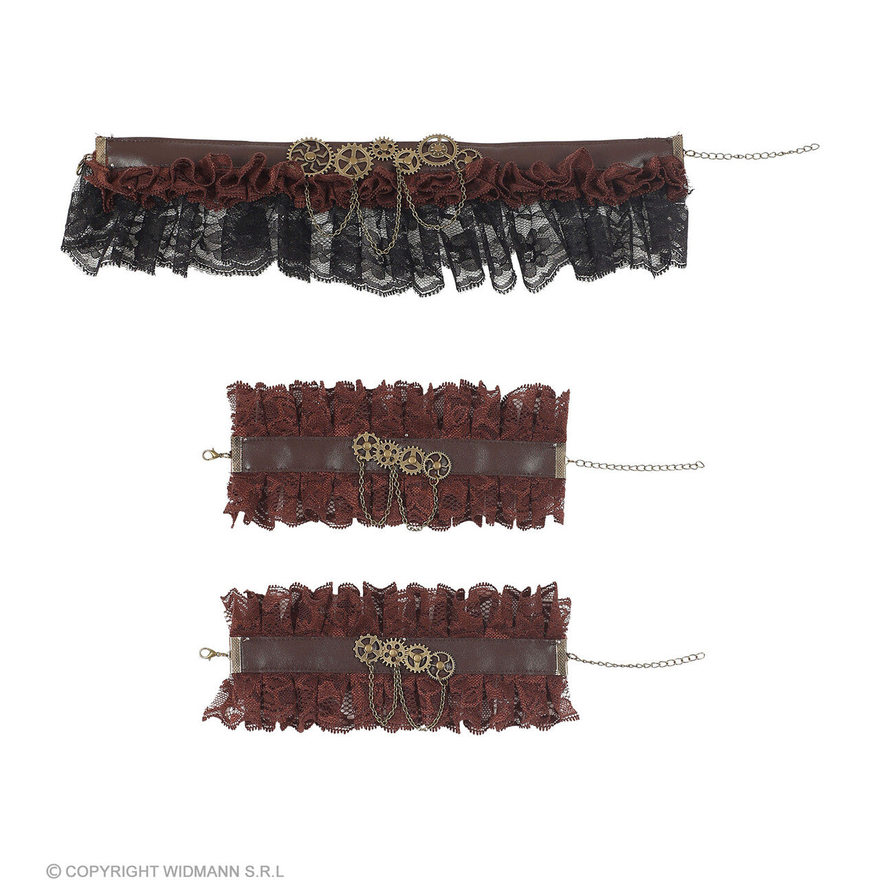 Op deze afbeelding zie je een Accessoires, van het merk Widmann. Steampunk Choker Kant Bruin En Armbanden