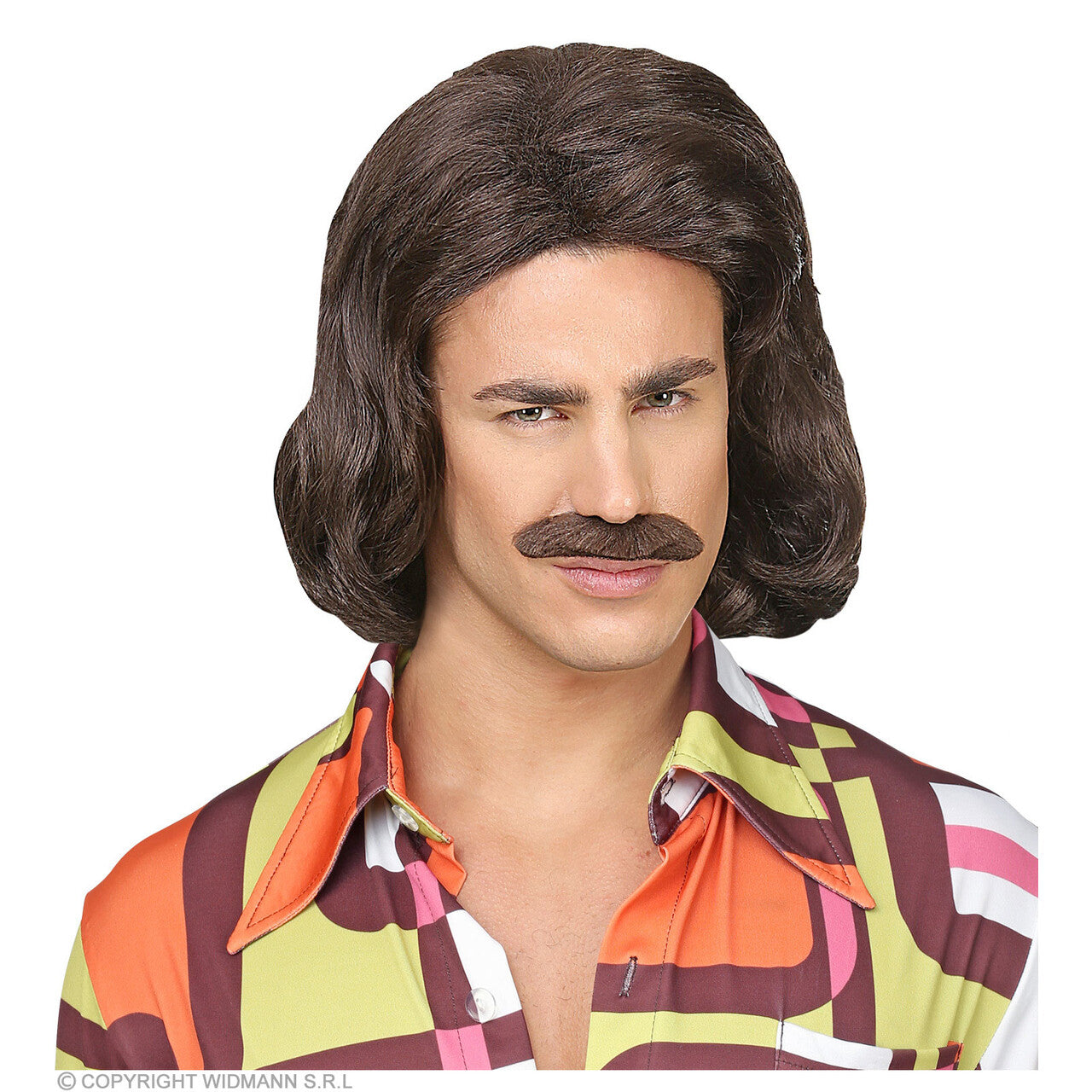Op deze afbeelding zie je een Accessoires, van het merk Widmann. Foute 70s Dandy Pruik En Snor Bruin