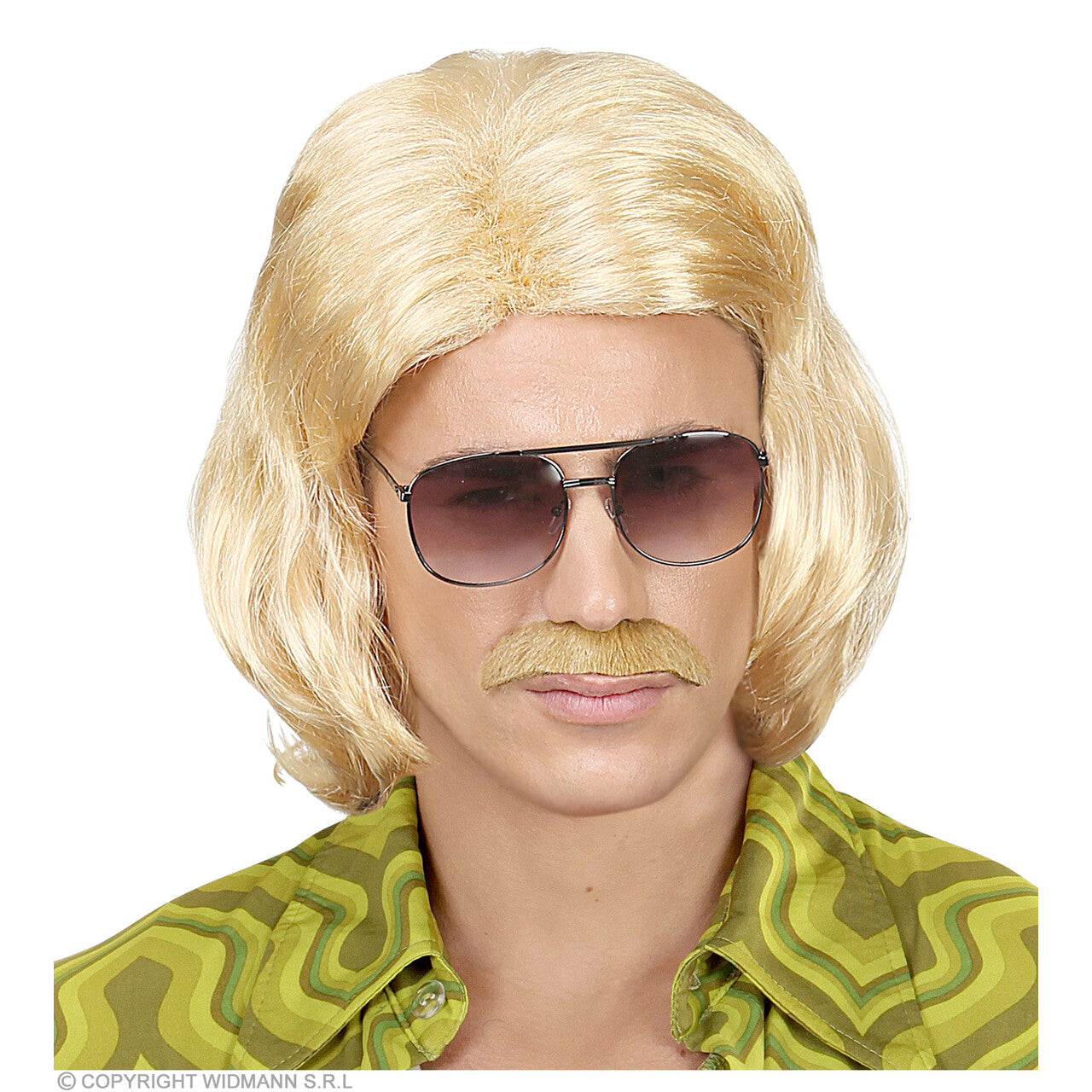 Op deze afbeelding zie je een Accessoires, van het merk Widmann. Foute Blonde 70s Dandy Pruik En Snor
