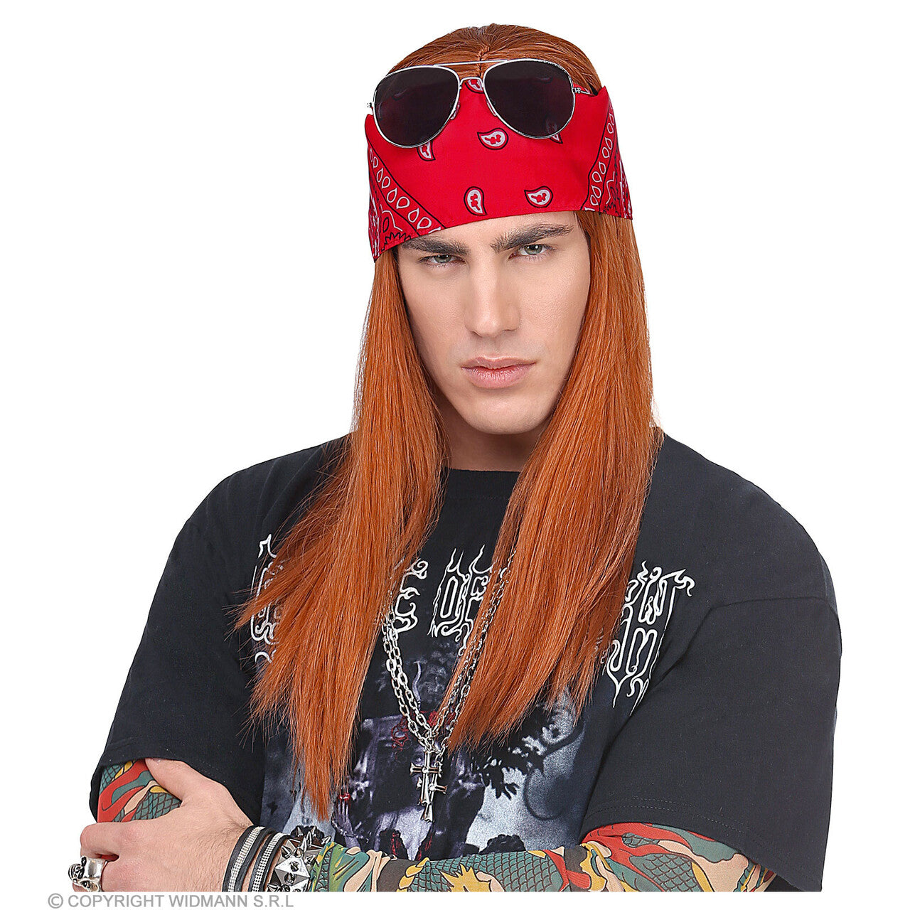Op deze afbeelding zie je een Accessoires, van het merk Widmann. Biker AXL Pruik Met Bandana En Zonnebril