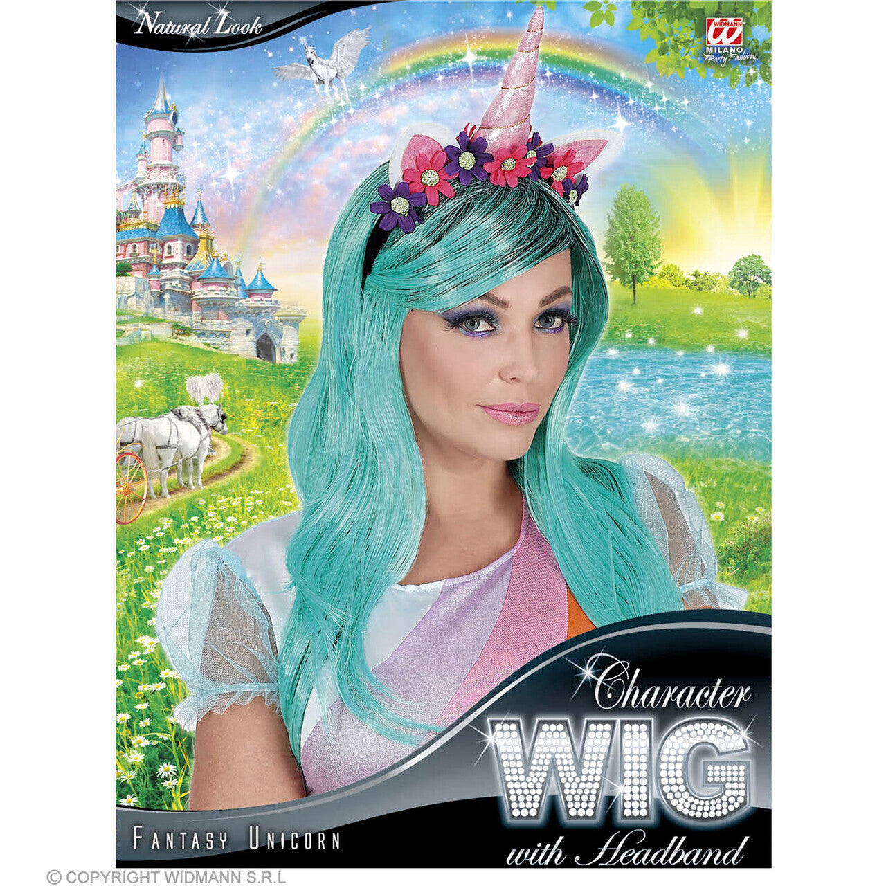 Op deze afbeelding zie je een Accessoires, van het merk Widmann. Eenhoorn Blauwgroene Pruik Met Bloemetjes Hoofdband