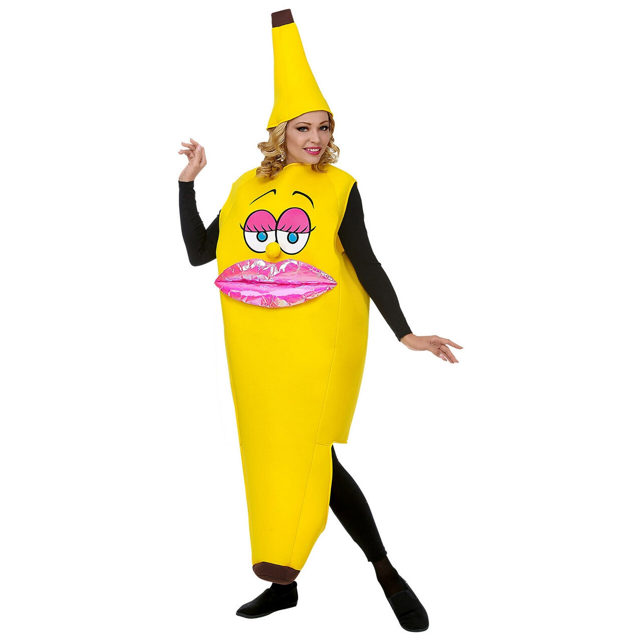 Op deze afbeelding zie je een Kostuums, van het merk Widmann. Lekker Geel Hapje Miss Banana Vrouw Kostuum