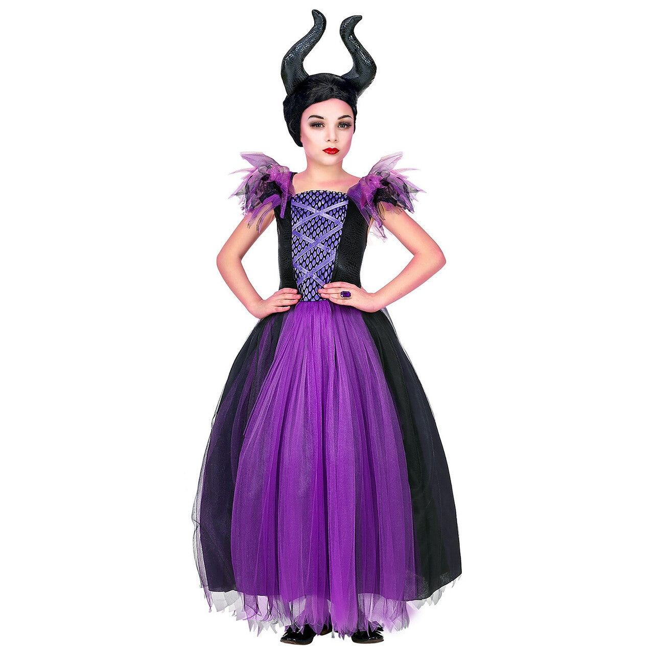 Op deze afbeelding zie je een Kostuums, van het merk Widmann. Malefica Doornroosje Boze Stiefmoeder Meisje Kostuum