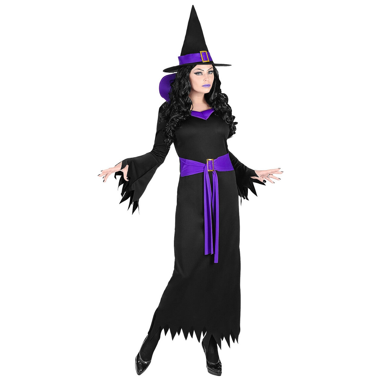 Op deze afbeelding zie je een Kostuums, van het merk Widmann. Diep Duistere Zwart Paarse Halloween Heks Vrouw Kostuum