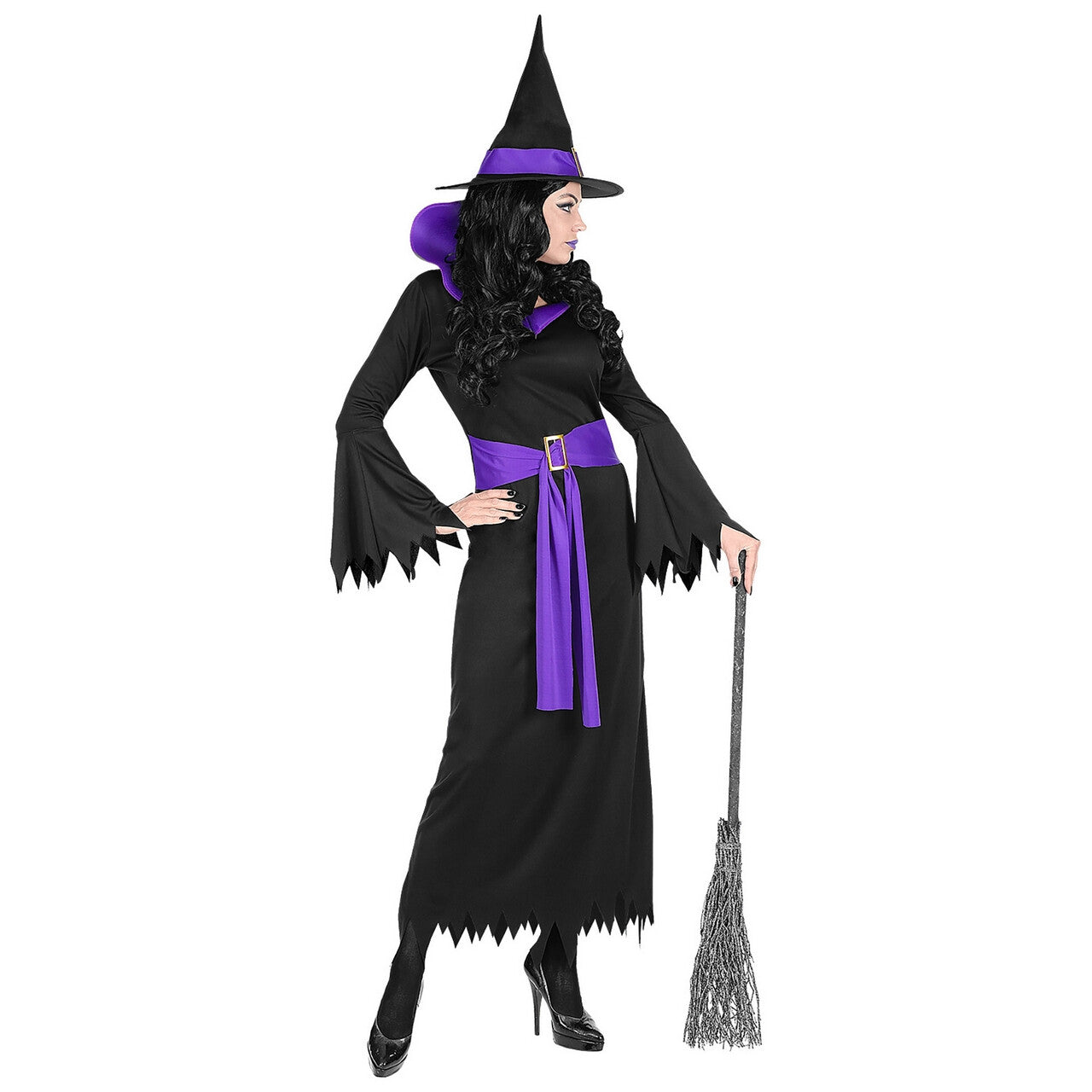 Op deze afbeelding zie je een Kostuums, van het merk Widmann. Diep Duistere Zwart Paarse Halloween Heks Vrouw Kostuum