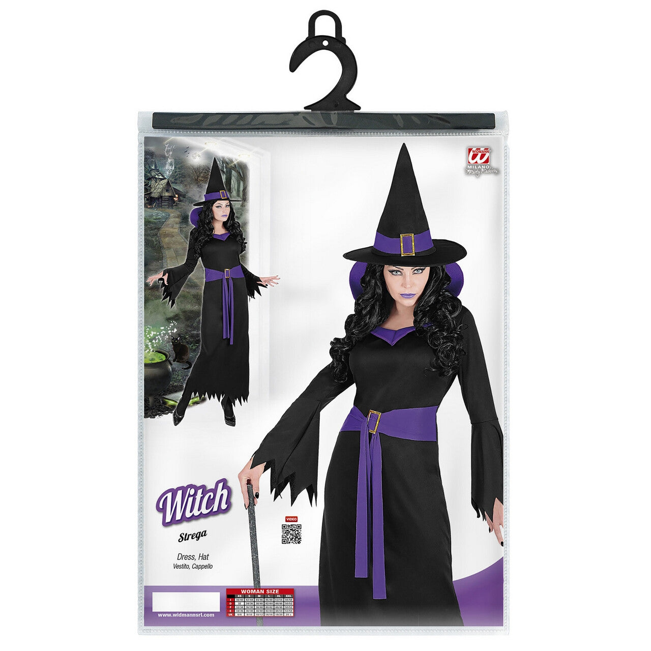 Op deze afbeelding zie je een Kostuums, van het merk Widmann. Diep Duistere Zwart Paarse Halloween Heks Vrouw Kostuum