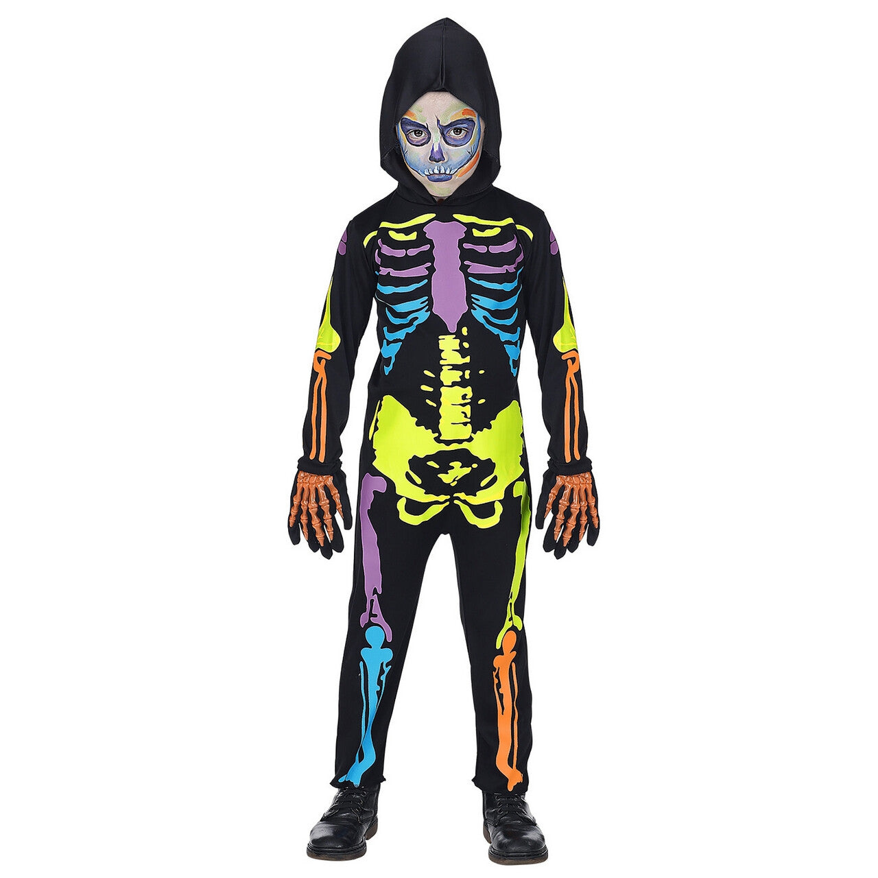 Op deze afbeelding zie je een Kostuums, van het merk Widmann. Felgekleurd Neon Skelet Kind Kostuum