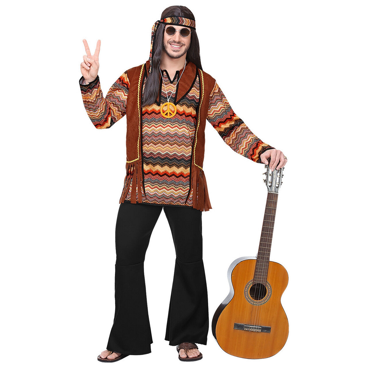 Op deze afbeelding zie je een Kostuums, van het merk Widmann. Bruine Psychedelische Golven Hippie Man Kostuum