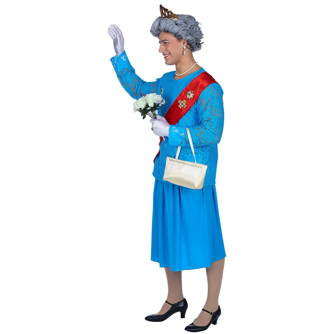 Op deze afbeelding zie je een Kostuums, van het merk Widmann. The Queen Koningin Van Engeland Elizabeth Man Kostuum