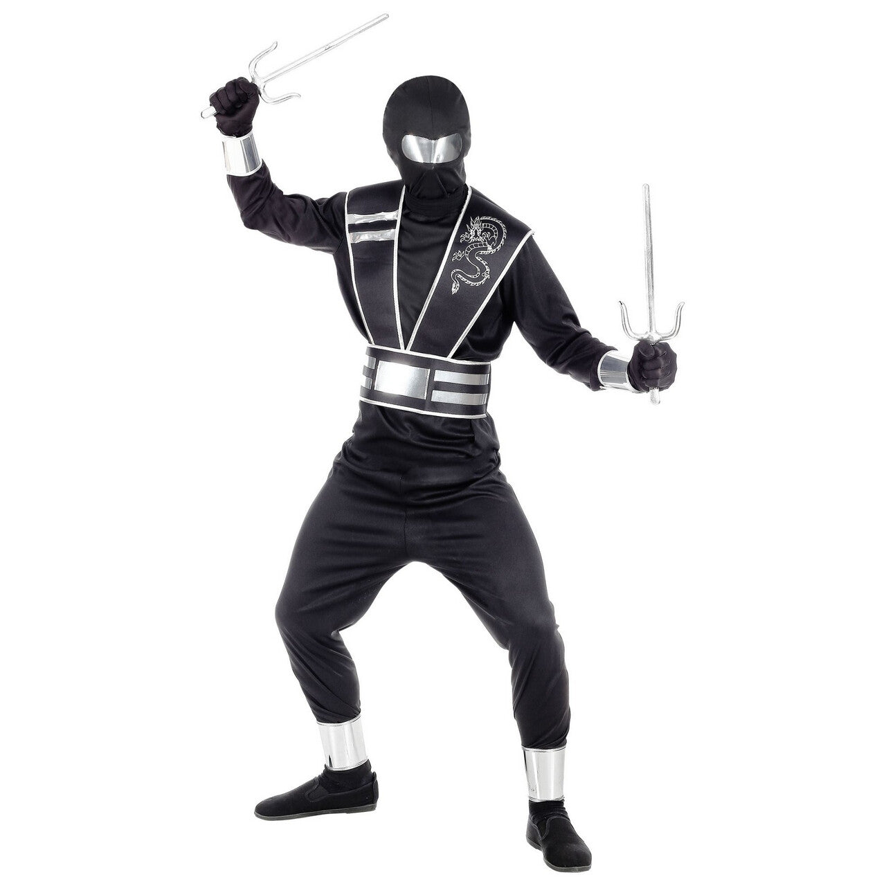 Op deze afbeelding zie je een Kostuums, van het merk Widmann. Sneller Dan Zijn Schaduw Zilver Zwarte Ninja Jongen Kostuum