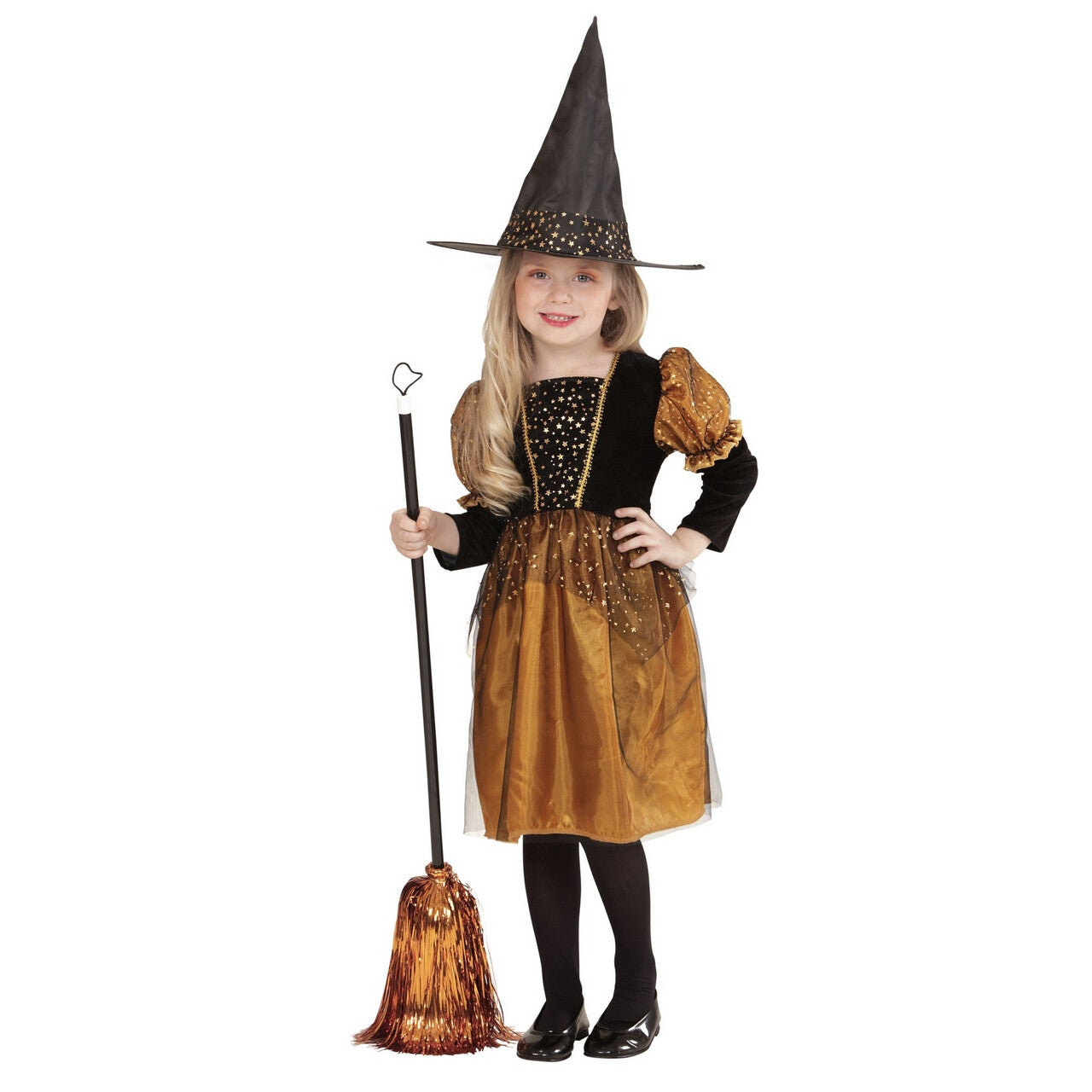 Op deze afbeelding zie je een Kostuums, van het merk Widmann. Gouden Sterren Halloween Heks Meisje Kostuum