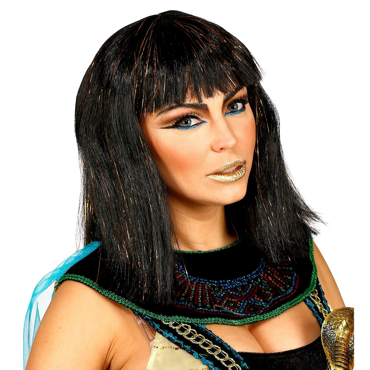 Op deze afbeelding zie je een Accessoires, van het merk Widmann. Pruik Farao Cleopatra Met Klatergoud