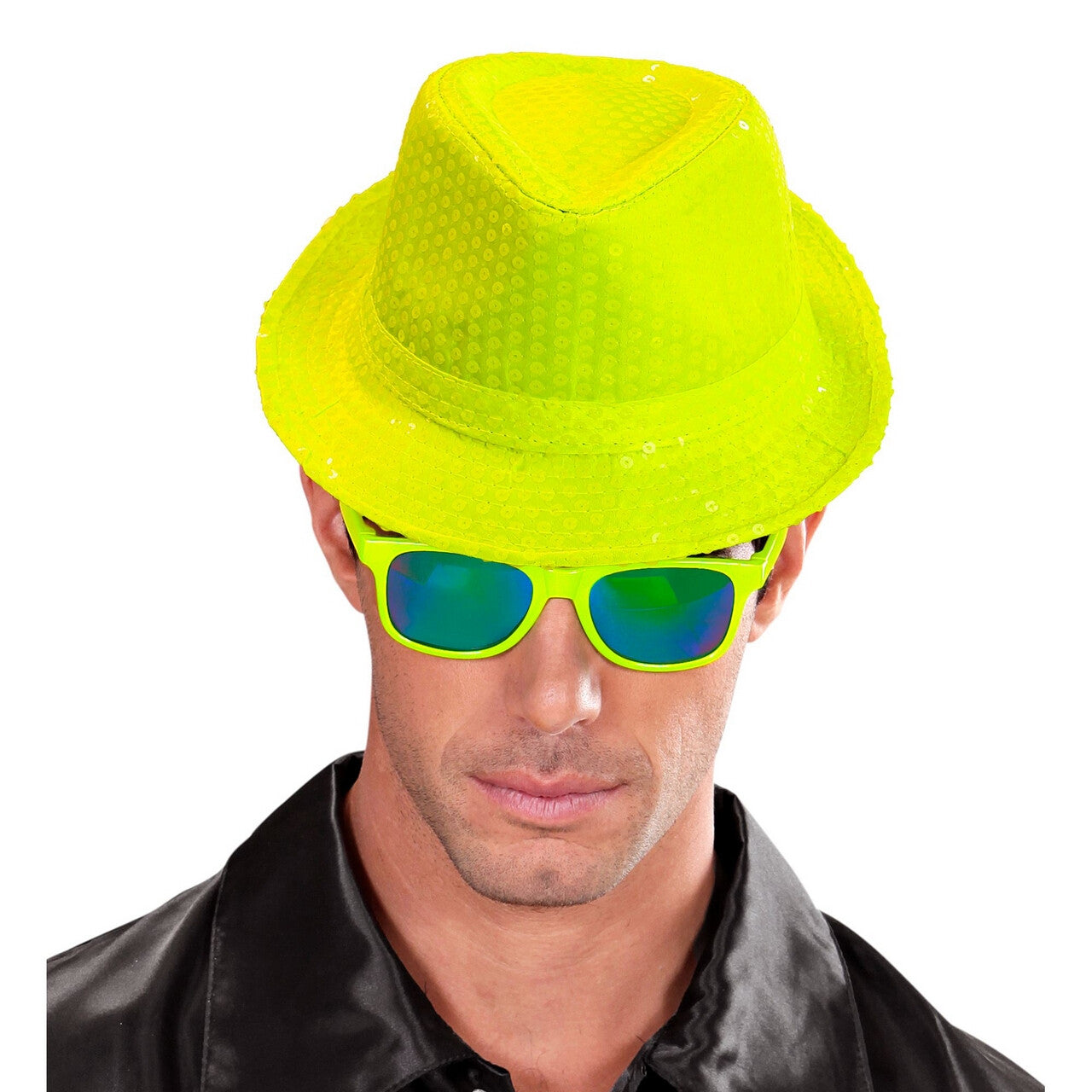 Op deze afbeelding zie je een Accessoires, van het merk Widmann. Neon Gele Fedora Hoed Met Pailletten
