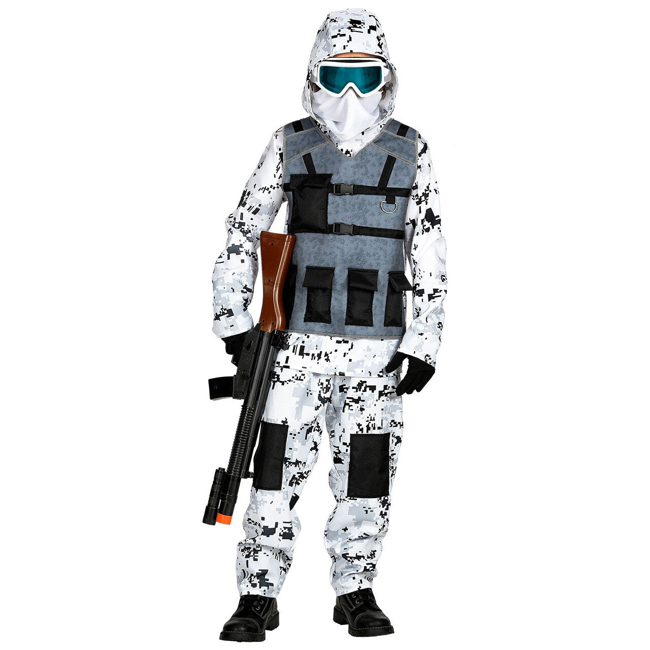 Op deze afbeelding zie je een Kostuums, van het merk Widmann. Arctische Speciale Eenheid Pool Commando Kostuum Wit Camouflage Kind