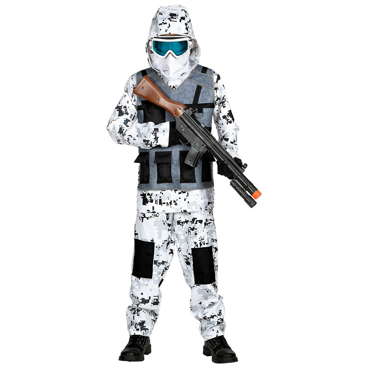 Op deze afbeelding zie je een Kostuums, van het merk Widmann. Arctische Speciale Eenheid Pool Commando Kostuum Wit Camouflage Kind