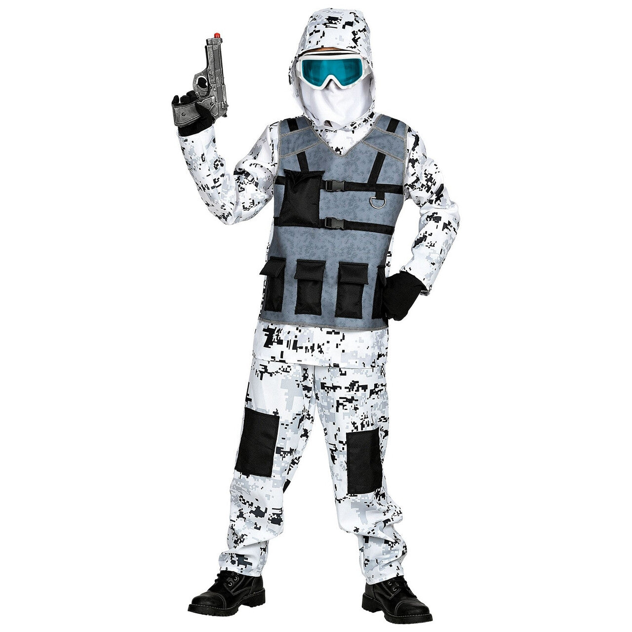 Op deze afbeelding zie je een Kostuums, van het merk Widmann. Arctische Speciale Eenheid Pool Commando Kostuum Wit Camouflage Kind
