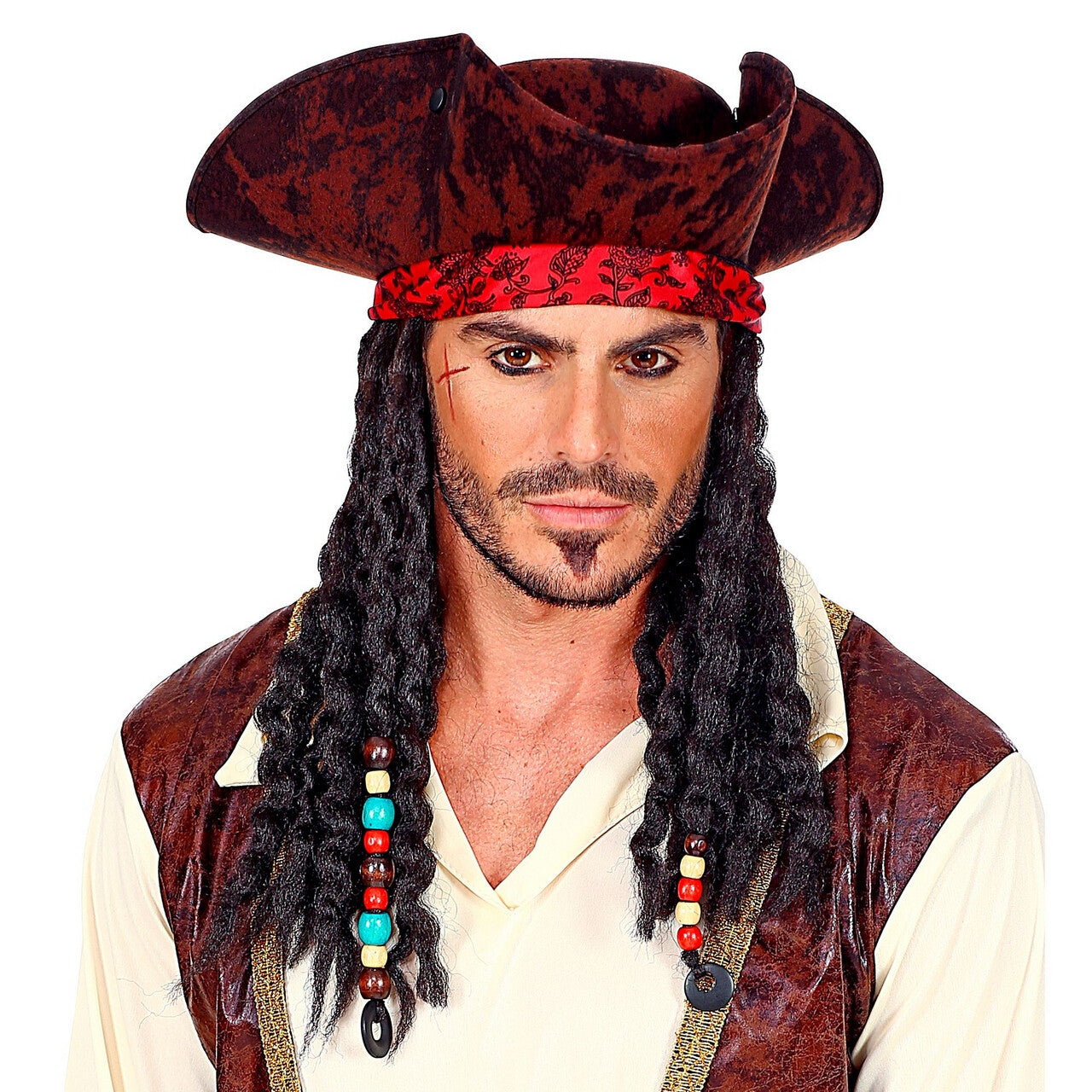 Op deze afbeelding zie je een Accessoires, van het merk Widmann. Driesteek Met Bandana En Dreadlocks Piraat