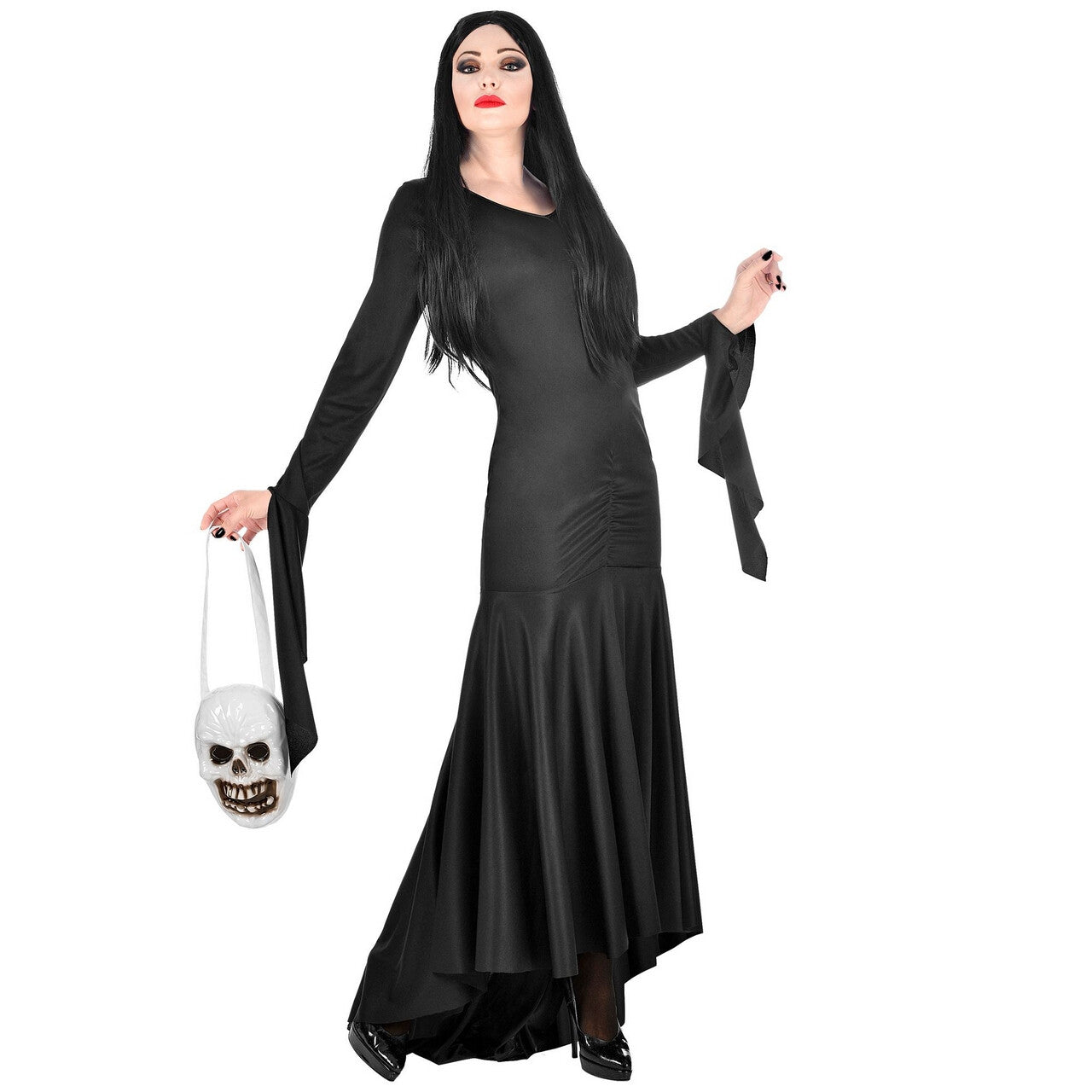 Op deze afbeelding zie je een Kostuums, van het merk Widmann. Lang Zwart Fladderend Morticia Addams Family Vrouw Kostuum