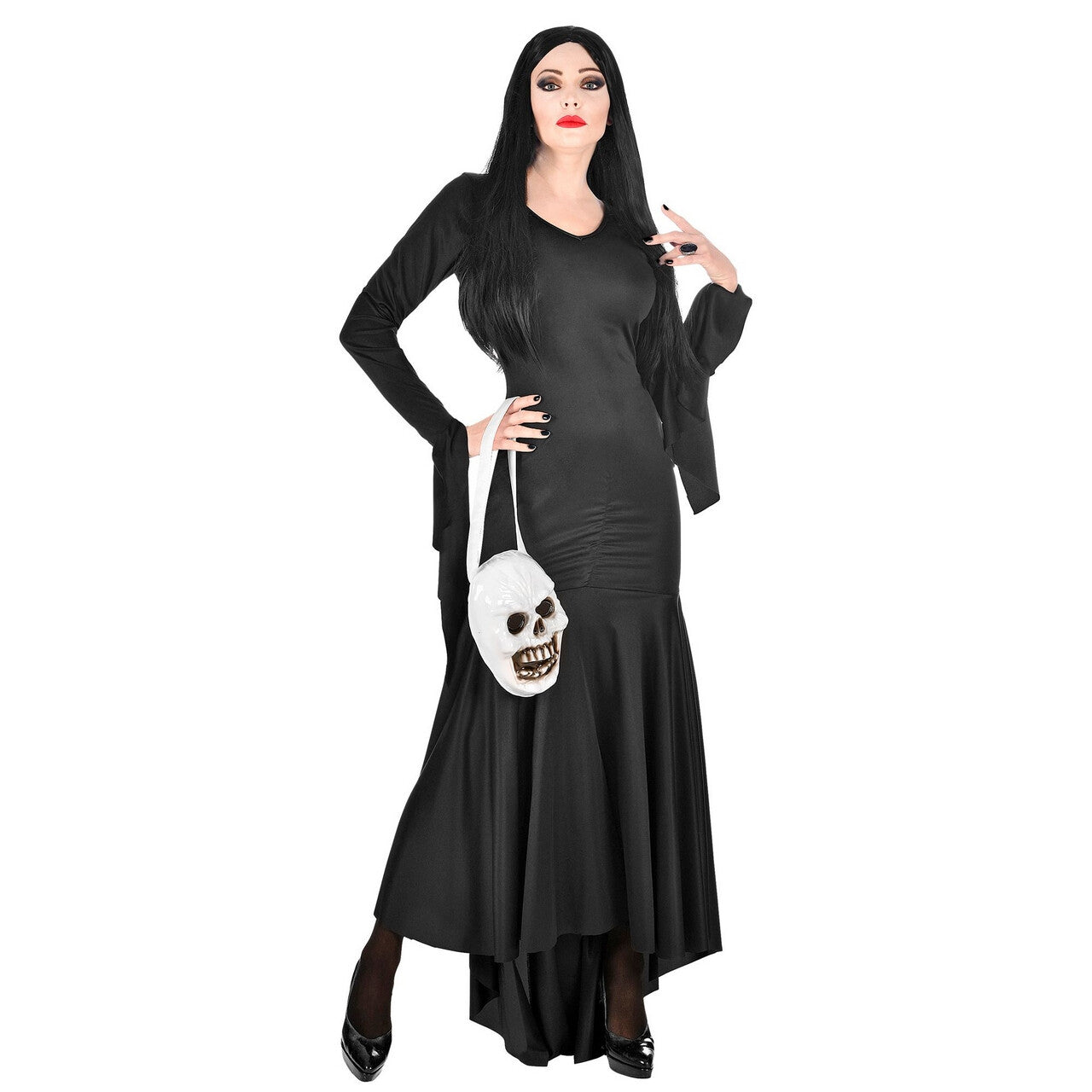 Op deze afbeelding zie je een Kostuums, van het merk Widmann. Lang Zwart Fladderend Morticia Addams Family Vrouw Kostuum